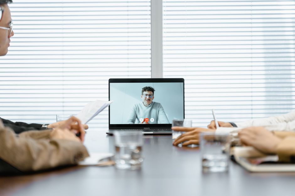 Modern conference room set up for a video meeting